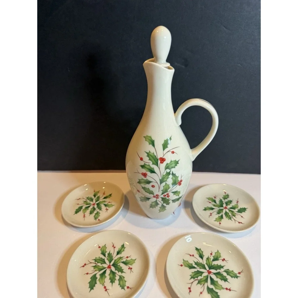 Lenox Holiday Oil Bottle Gift Set NIB Holly Cruet 4 Dipping Dishes Christmas